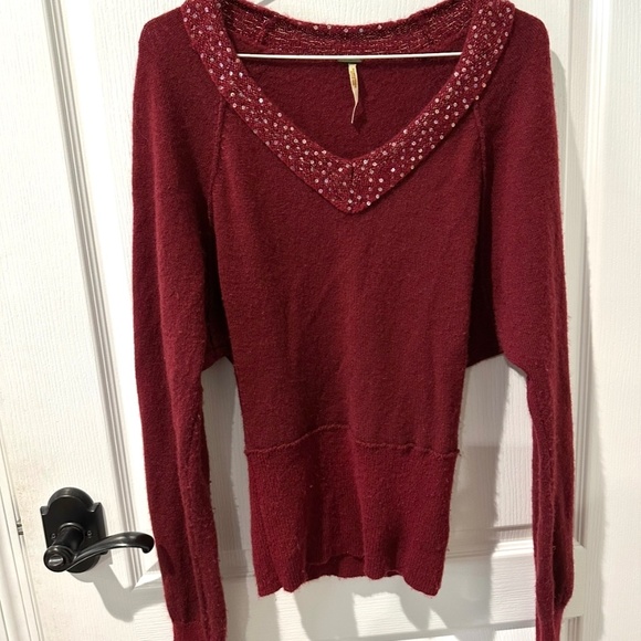 Free People Sweaters - Free People Burgundy Red Beaded Deep V Sweater